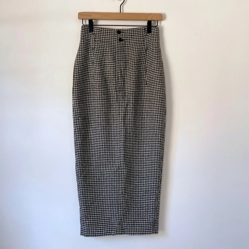 Vintage Houndstooth High Waist Midi Pencil Skirt XS-S Academia Parisian Tailored